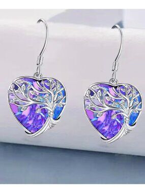 Heart Shape Tree of Life Earrings Purple & Blue Crystal Drop Earrings in Silver
